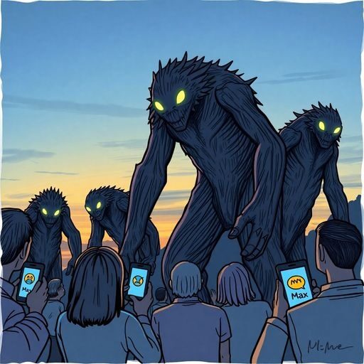 Люди снимают на смартфоны огромных монстров на закате.