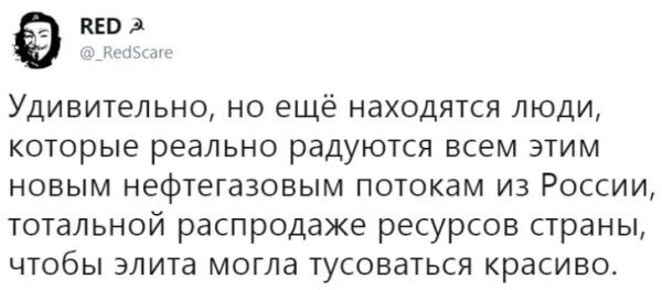 Твит о новых нефтегазовых потоках и распродаже ресурсов из России для элиты.