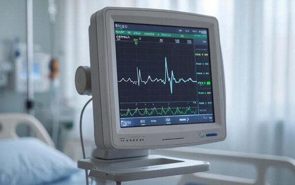 Кардиомонитор в больничной палате показывает сердечный ритм пациента.