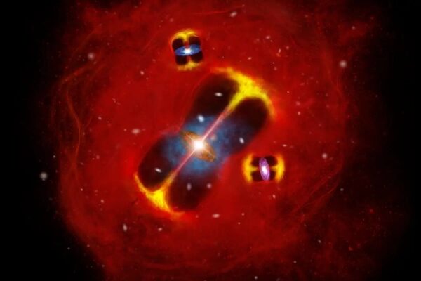 Космическая сцена с яркими световыми эффектами и красно-оранжевой туманностью.
