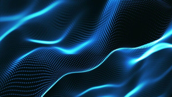 Абстрактные синие волны и точки на черном фоне, цифровая иллюстрация.