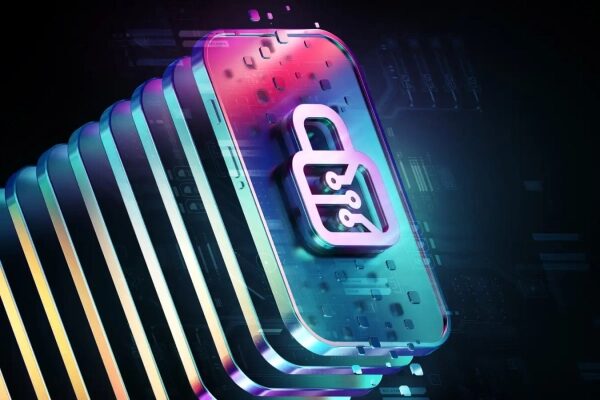 Красочное изображение замка на слое из пластин, символизирующее кибербезопасность.