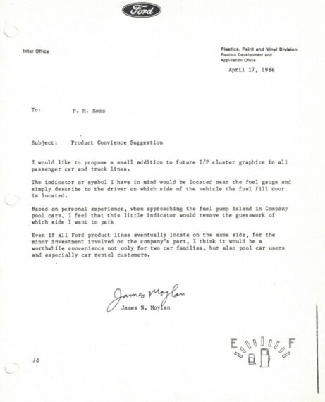 Письмо Ford 1986 года о добавлении индикатора расположения топливного бака в автомобилях.