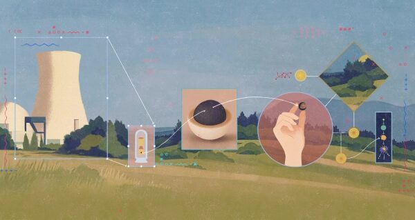 Иллюстрация технологии ядерной энергии с элементами инноваций и природы.