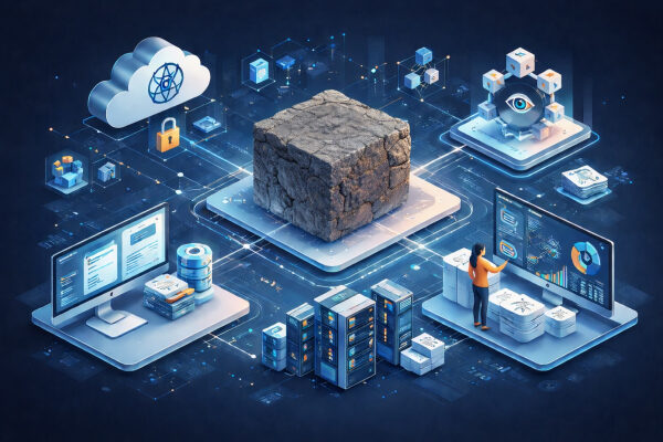 Иллюстрация облачных технологий и данных: хранение, серверы, графики и аналитика.