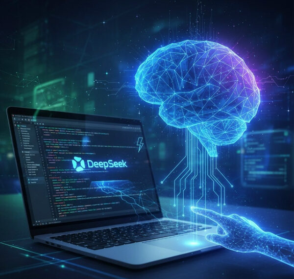 Ноутбук с кодом и цифровым мозгом, символизирующий искусственный интеллект.