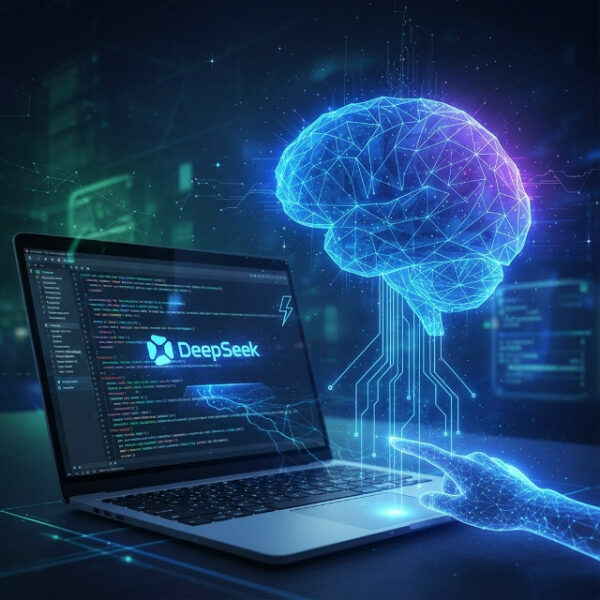 Ноутбук с кодом и цифровым мозгом, символизирующий искусственный интеллект.