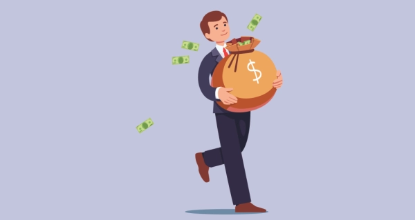 Человек в деловом костюме несёт мешок с деньгами, деньги выпадают на ходу.