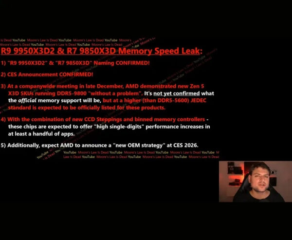 Утечка информации о скорости памяти AMD: R9 9950X3D2 и R7 9850X3D, анонс CES 2026.