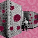 Человек за компьютером в винтажном стиле, фон с числами, розовые акценты.