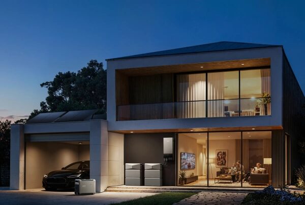 Современный дом с электромобилем и солнечными батареями в вечернее время.