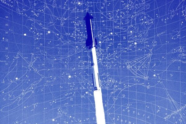 Перо на фоне звёздной карты в синем тоне, символизирует исследование космоса.