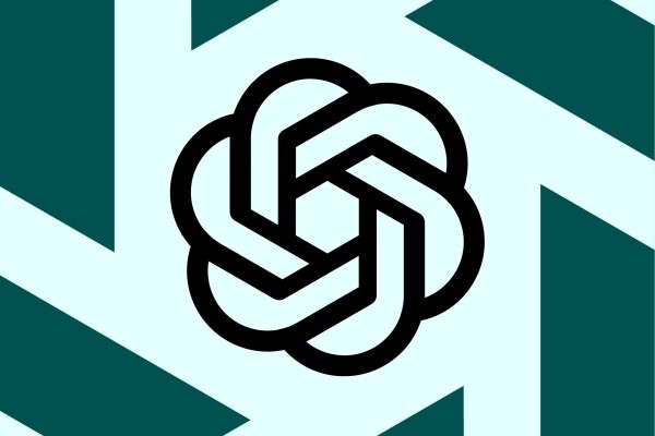 Логотип ChatGPT на фоне с геометрическим узором, зелёно-белая цветовая схема.