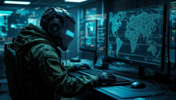 Кибервойна: загадочный хакер в техно-шлеме за компьютером, стратегия и данные на экране.