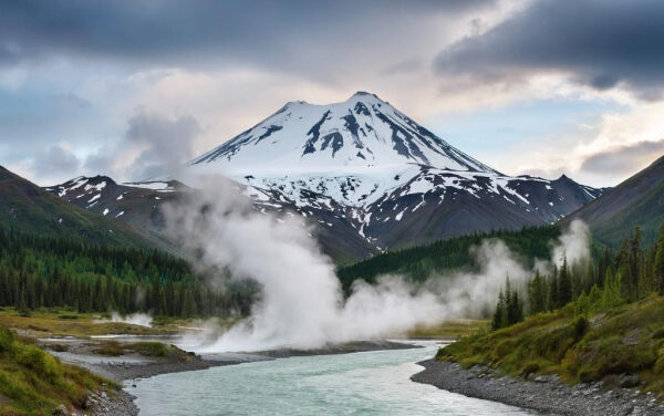 Заснеженная гора, пар из гейзера и река среди леса в пасмурный день.