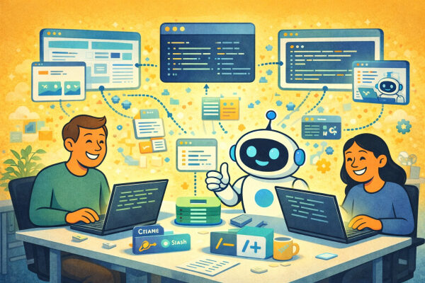 Люди и робот за ноутбуками, обсуждают код, команда разрабатывает программное обеспечение.