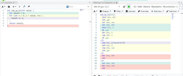 Сравнение C++ кода с ассемблерным на x86_64 в окне IDE.