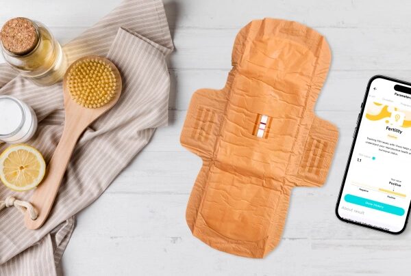 Гигиеническая прокладка рядом со смартфоном и спа-атрибутами на светлом фоне.