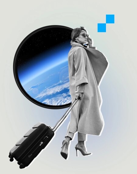 Женщина с чемоданом, вид из окна на Землю из космоса, современное путешествие.