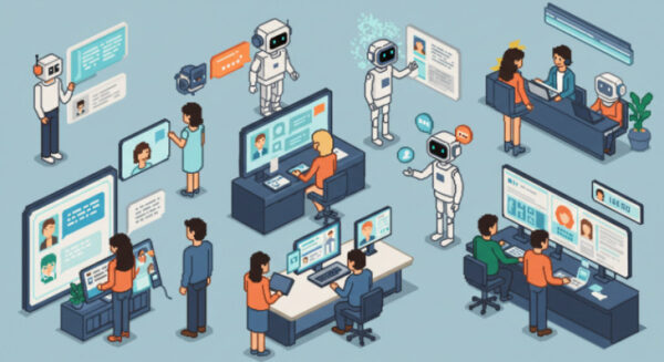 Офис будущего: роботы и люди работают вместе, используя технологичные устройства и экраны.