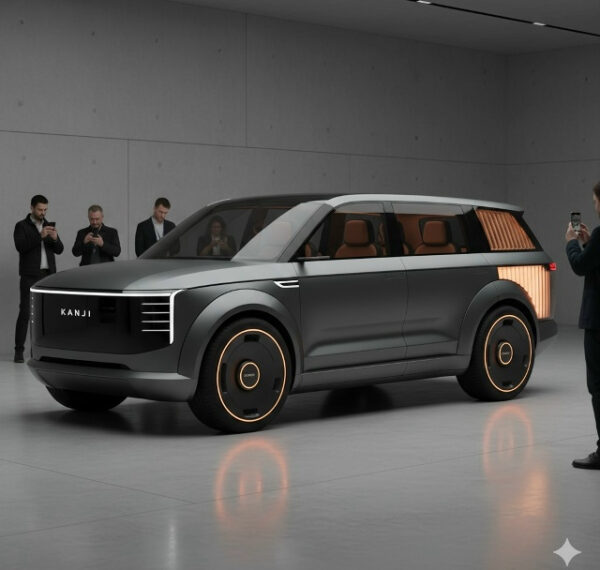 Концепт-кар "Kanji" в выставочном зале, окружают люди с телефонами.