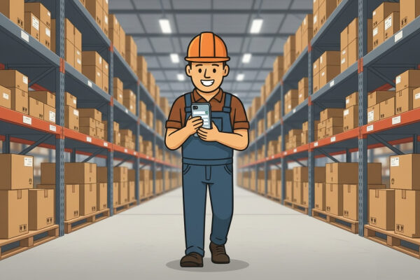 Человек в каске с планшетом в складе среди коробок.