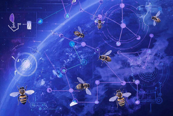 Пчёлы в космосе на фоне планеты с графиками и схемами, цифровая фантазия.