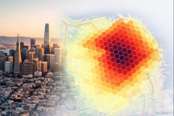 Городской пейзаж и тепловая карта с шестигранной сеткой, Сан-Франциско.