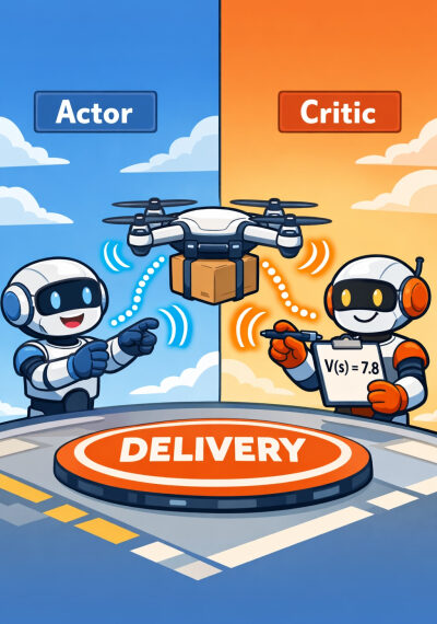Роботы "Актор" и "Критик" управляют дроном-доставщиком посылок.
