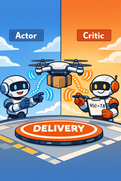 Роботы "Актор" и "Критик" управляют дроном-доставщиком посылок.