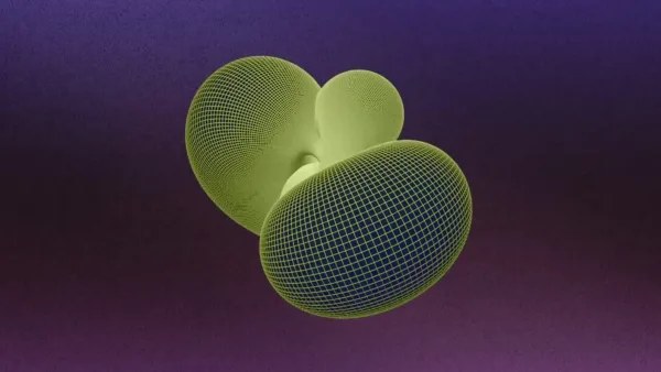 3D сетчатая модель на фиолетовом фоне, сферические формы, цифровое абстрактное искусство.