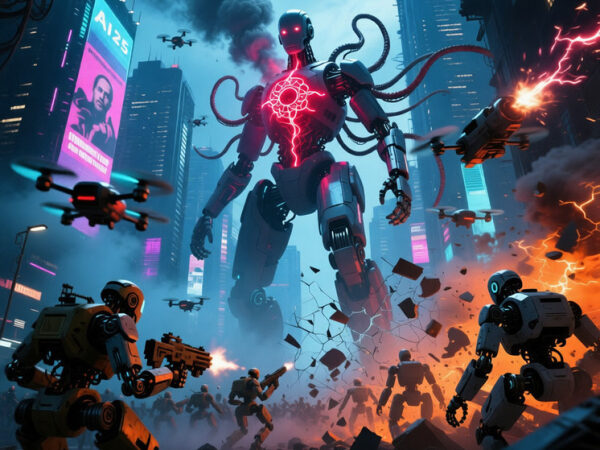 Боевые роботы в футуристическом городе с гигантским роботом и дронами, искусственный интеллект.