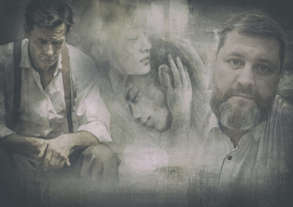 Черно-белый коллаж с портретами и силуэтами в винтажном стиле.