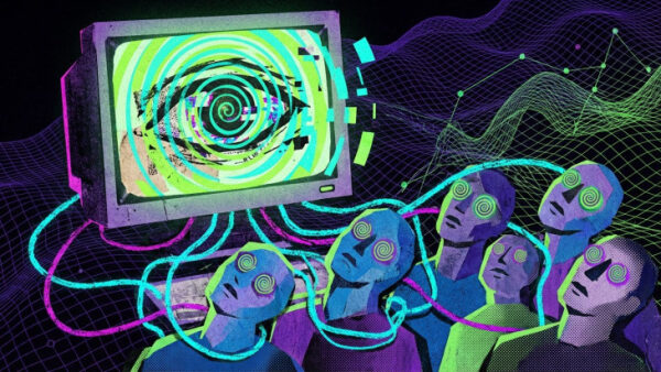 Люди с гипнотизированными глазами смотрят на экран с психоделическим изображением.