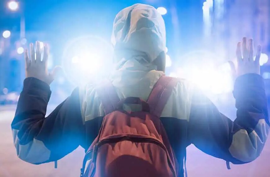 Человек в капюшоне и рюкзаке с поднятыми руками перед ярким светом ночью.