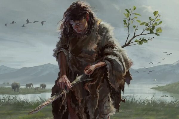 Палка, изготовленная древними людьми, является самым древним из известных деревянных инструментов. 3 Доисторический охотник с копьем на фоне живописного пейзажа с мамонтами и птицами.