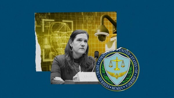 Американский орган по надзору за искусственным интеллектом теряет свою эффективность. 2 Символ Федеральной торговой комиссии США, камера и графика на синем фоне.