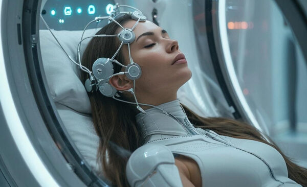 Женщина в футуристическом костюме с датчиками, лежит в капсуле для исследования мозга.