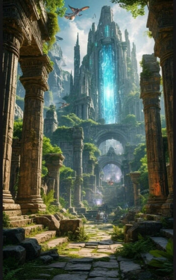 Древние руины с водопадом и растительностью, фантастический пейзаж.