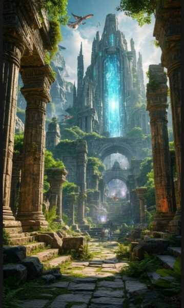 Бывший инженер Google и Microsoft Нейт Соарес обнародовал мрачный прогноз, заявив, что по его оценкам вероятность исчезновения человечества из-за искусственного интеллекта составляет 95% 3 Древние руины с водопадом и растительностью, фантастический пейзаж.