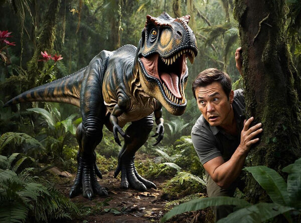 Человек прячется за деревом в джунглях рядом с динозавром.