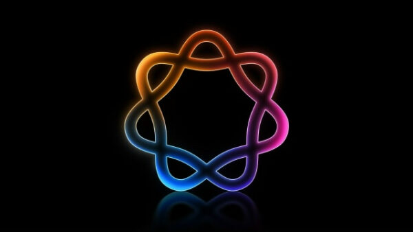 Абстрактный логотип с светящимися цветными линиями на черном фоне.