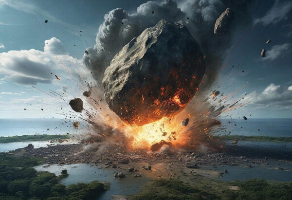 Астероид падает на Землю, вызывая взрыв и разрушения в природной среде.
