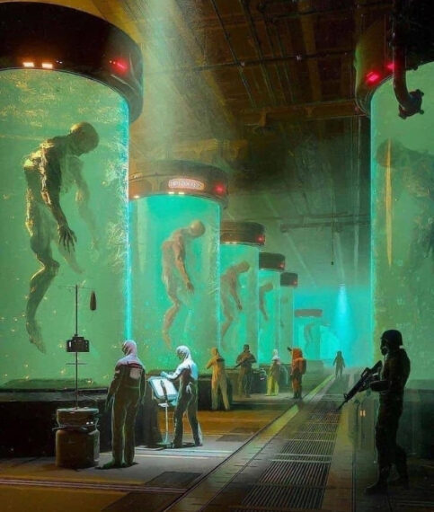 Лаборатория с большими капсулами и фигурами в жидкости, люди в защитной одежде наблюдают.