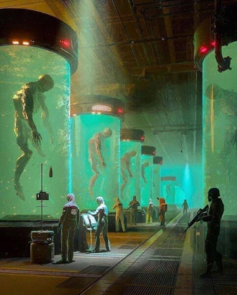 Последнее сообщение (важно) 2 Лаборатория с большими капсулами и фигурами в жидкости, люди в защитной одежде наблюдают.