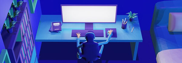 Человек за рабочим столом с компьютером и растениями в домашнем офисе.