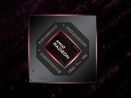 AMD Radeon чип на темном фоне, крупный план.