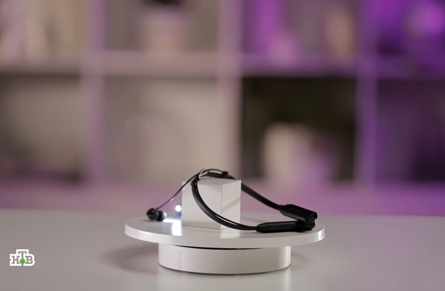 Наушники на подставке, фиолетовый фон, современный дизайн.