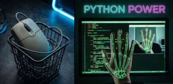 Компьютерная мышь, корзина и проект на Python с визуализацией руки на экране.