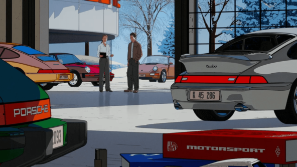 Автостоп, паркинг с классическими автомобилями Porsche и людьми на фоне зимнего пейзажа.